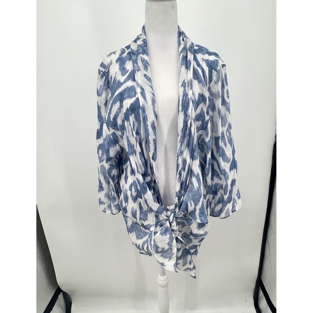 Chicos 100% Linen Open Front Tie Top Sz 3 US XL 3/4 Sleeve Coastal Resort Beachy